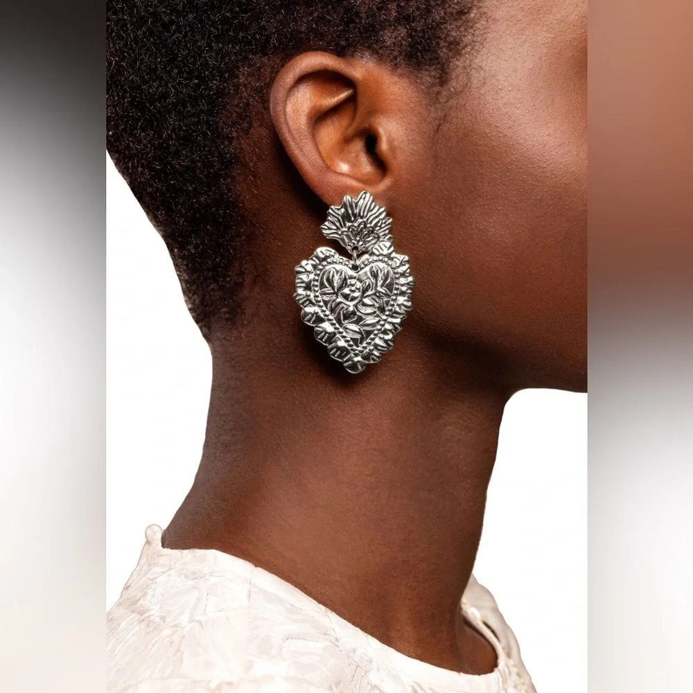 Chunky Silver Heart Statement Earrings – Vintage Inspired Floral Drop Earrings